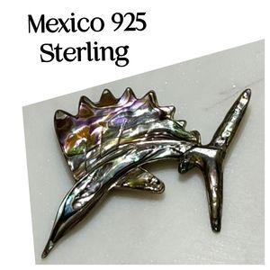 LARGE Vintage Mexico Sterling Silver And Abalone Swordfish Pin Brooch